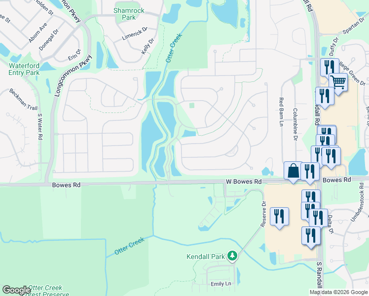 map of restaurants, bars, coffee shops, grocery stores, and more near 2565 Venetian Lane in Elgin