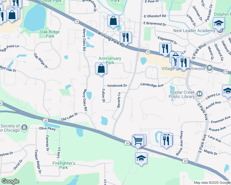 map of restaurants, bars, coffee shops, grocery stores, and more near 1320 Beverly Ln in Streamwood