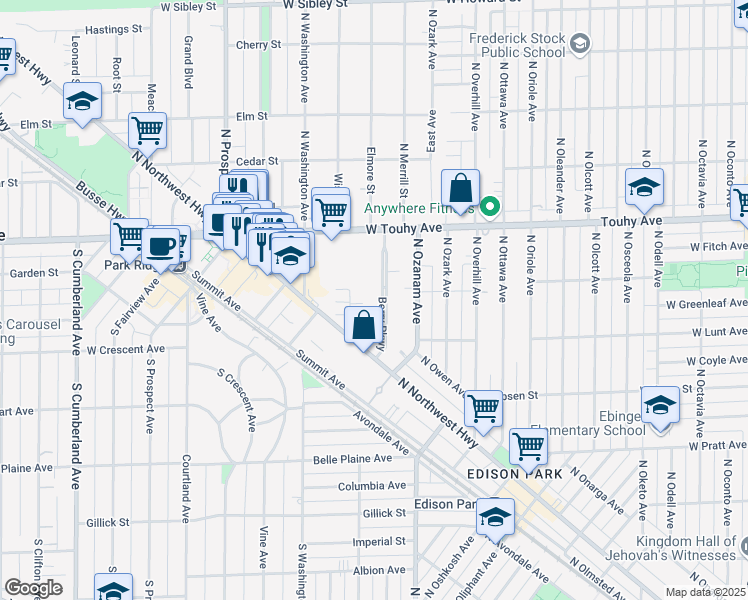 map of restaurants, bars, coffee shops, grocery stores, and more near 132 Berry Parkway in Park Ridge