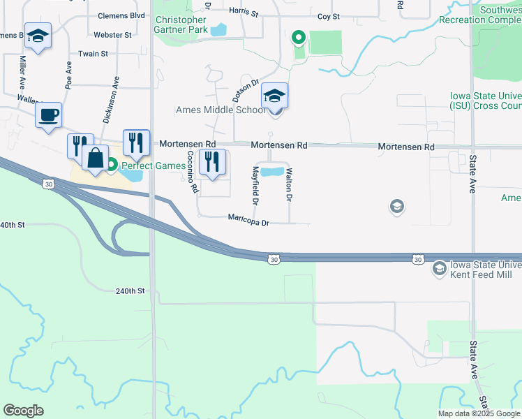 map of restaurants, bars, coffee shops, grocery stores, and more near 1416 Mayfield Drive in Ames