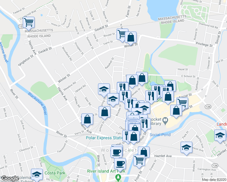 map of restaurants, bars, coffee shops, grocery stores, and more near 76 Prospect St in Woonsocket