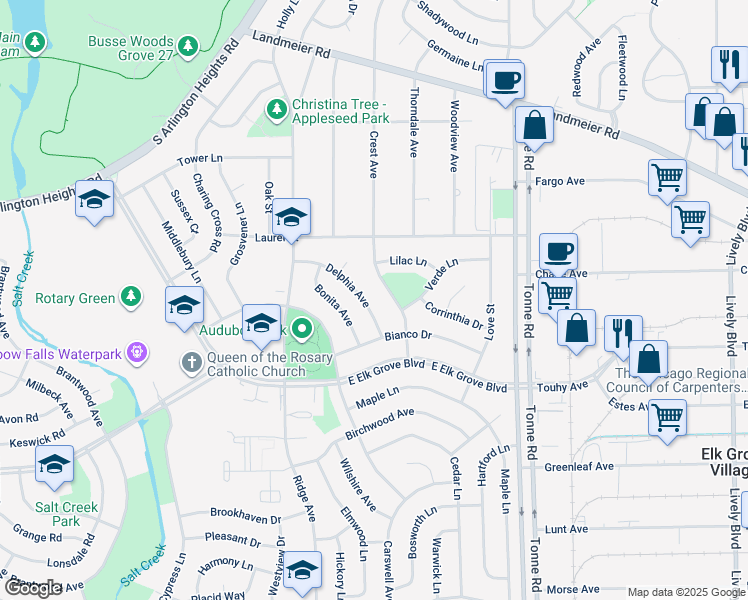 map of restaurants, bars, coffee shops, grocery stores, and more near 829 Delphia Avenue in Elk Grove Village