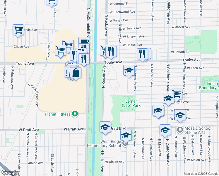 map of restaurants, bars, coffee shops, grocery stores, and more near 7033 North Kedzie Avenue in Chicago