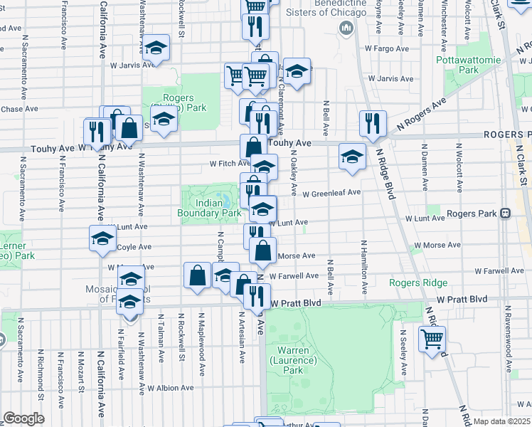 map of restaurants, bars, coffee shops, grocery stores, and more near 7007 N Western Ave in Chicago