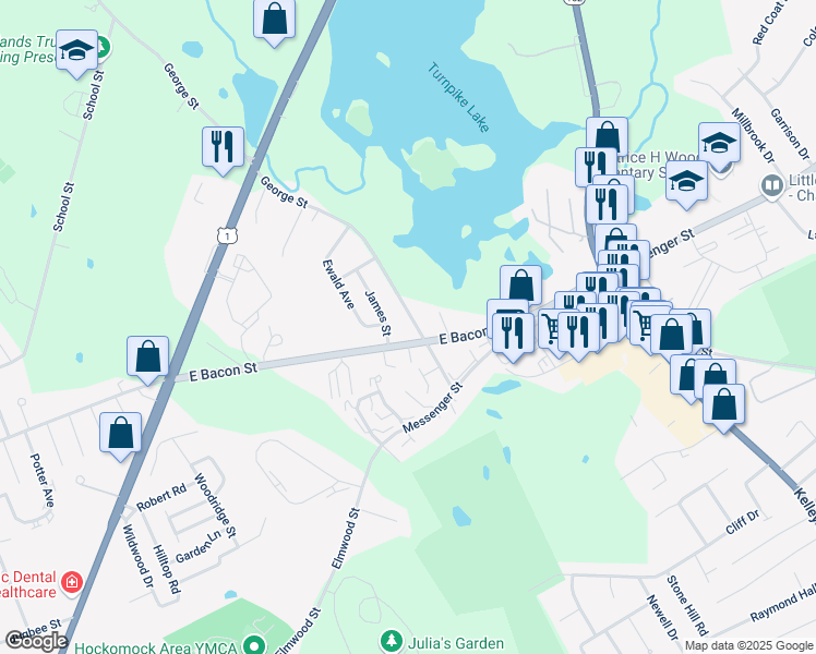 map of restaurants, bars, coffee shops, grocery stores, and more near 169 East Bacon Street in Plainville