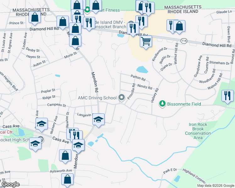 map of restaurants, bars, coffee shops, grocery stores, and more near 58 Macarthur Road in Woonsocket