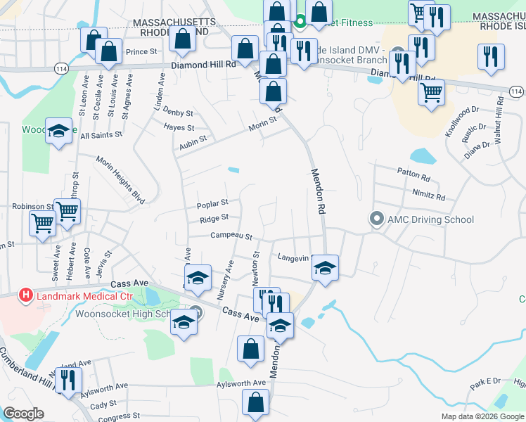map of restaurants, bars, coffee shops, grocery stores, and more near 81 Mitris Boulevard in Woonsocket