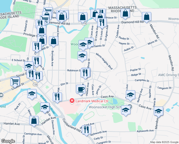 map of restaurants, bars, coffee shops, grocery stores, and more near 76 Winthrop Street in Woonsocket
