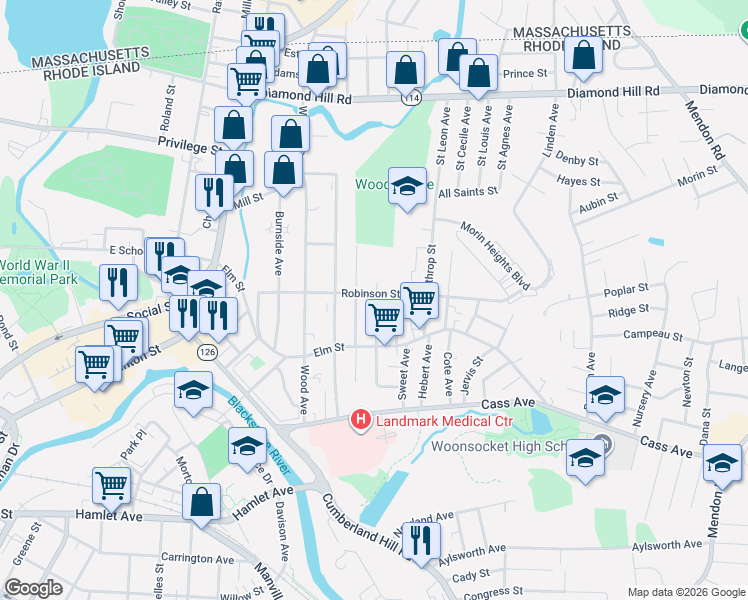 map of restaurants, bars, coffee shops, grocery stores, and more near 385 Robinson Street in Woonsocket