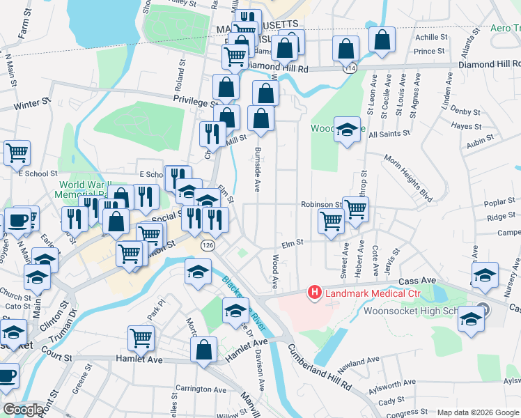 map of restaurants, bars, coffee shops, grocery stores, and more near 105 Burnside Avenue in Woonsocket