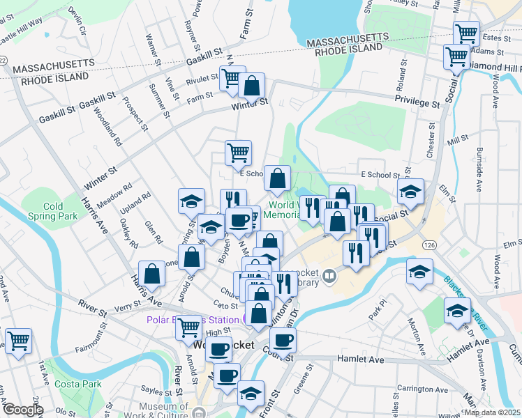 map of restaurants, bars, coffee shops, grocery stores, and more near 110 Daniels Street in Woonsocket