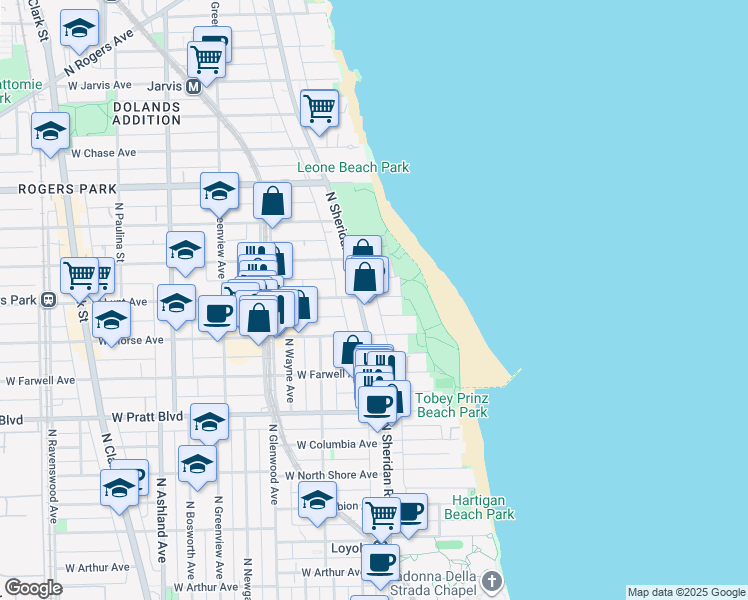 map of restaurants, bars, coffee shops, grocery stores, and more near 1147 West Lunt Avenue in Chicago