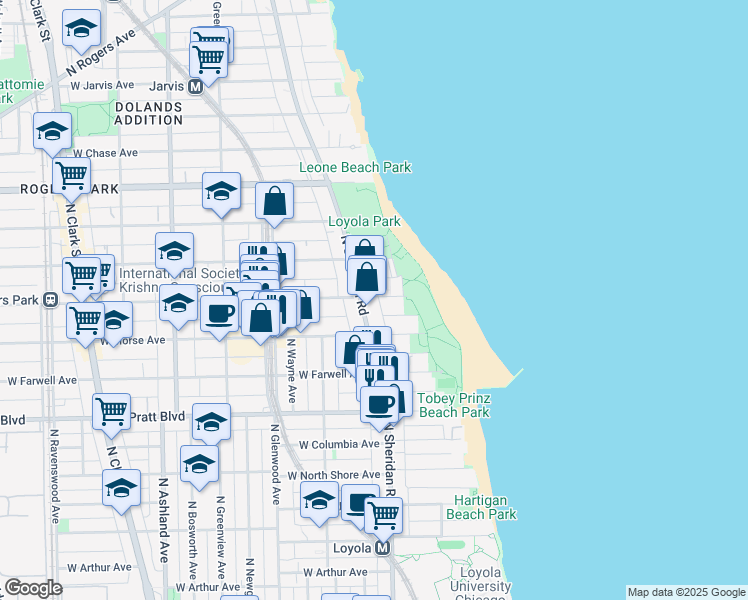 map of restaurants, bars, coffee shops, grocery stores, and more near 1147 West Lunt Avenue in Chicago