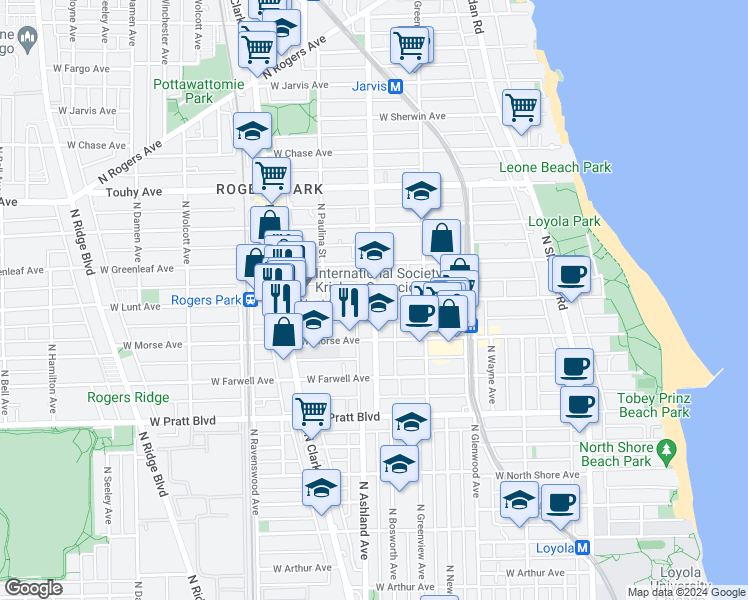 map of restaurants, bars, coffee shops, grocery stores, and more near 1605 West Lunt Avenue in Chicago