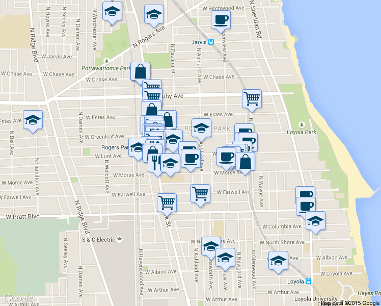 map of restaurants, bars, coffee shops, grocery stores, and more near 1605 West Lunt Avenue in Chicago