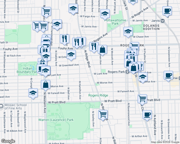 map of restaurants, bars, coffee shops, grocery stores, and more near 7004 North Ridge Boulevard in Chicago