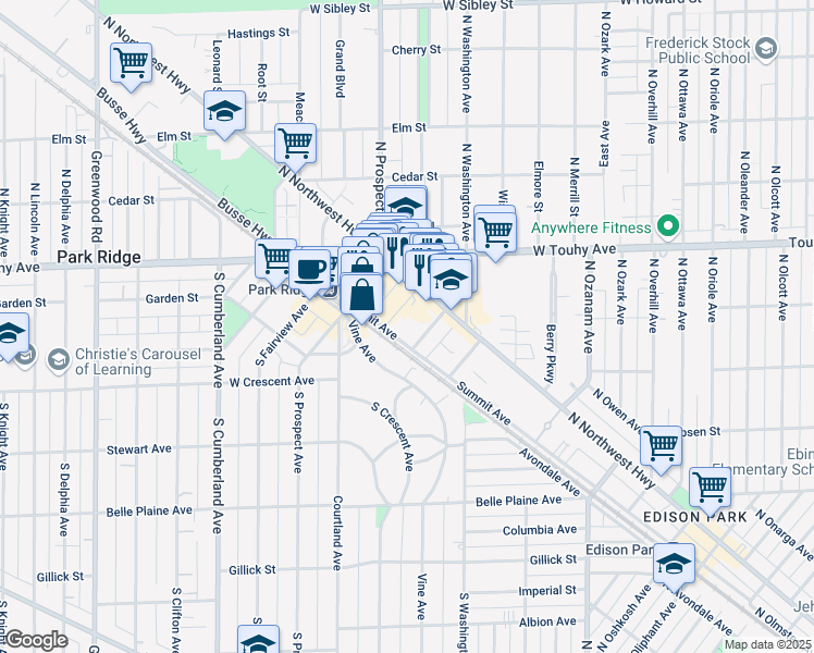 map of restaurants, bars, coffee shops, grocery stores, and more near 101 Summit Avenue in Park Ridge