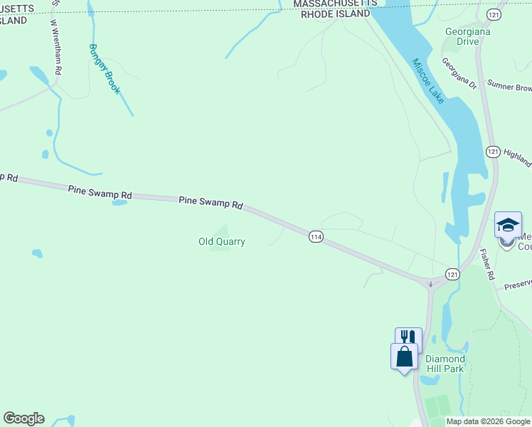 map of restaurants, bars, coffee shops, grocery stores, and more near 150 Pine Swamp Road in Cumberland