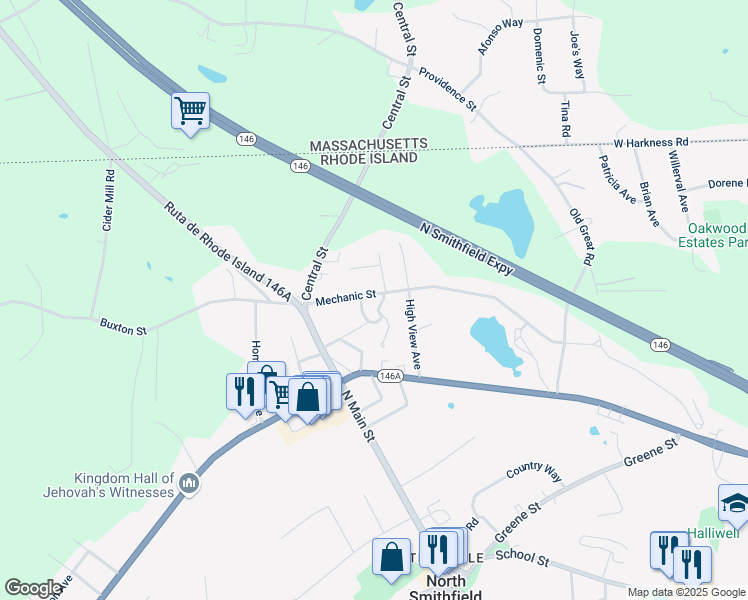 map of restaurants, bars, coffee shops, grocery stores, and more near 81 Mechanic Street in North Smithfield