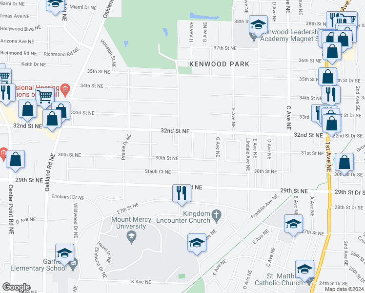map of restaurants, bars, coffee shops, grocery stores, and more near 3020 Eastern Avenue Northeast in Cedar Rapids