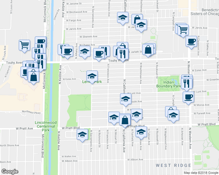map of restaurants, bars, coffee shops, grocery stores, and more near 2855 West Greenleaf Avenue in Chicago