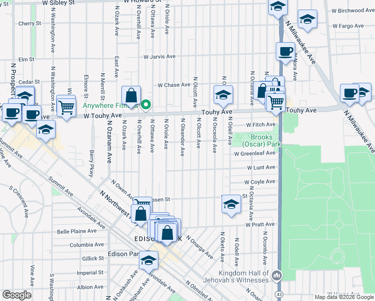 map of restaurants, bars, coffee shops, grocery stores, and more near 7041 North Oleander Avenue in Chicago
