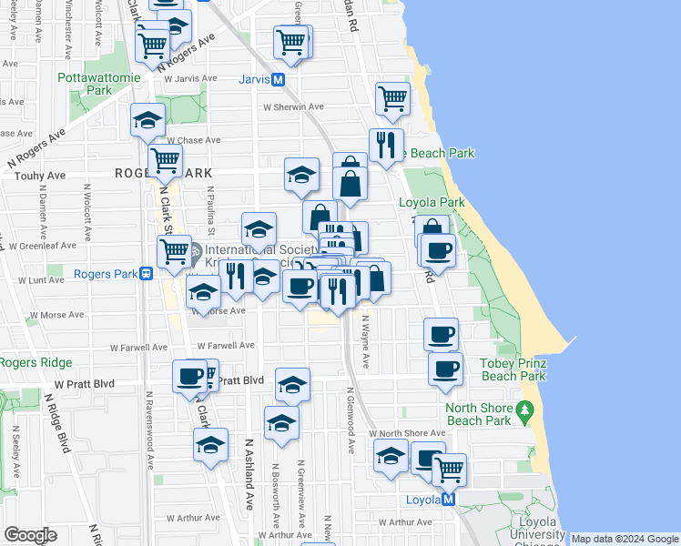 map of restaurants, bars, coffee shops, grocery stores, and more near 1401 West Lunt Avenue in Chicago