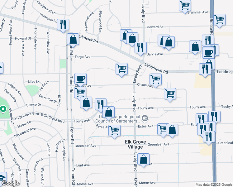 map of restaurants, bars, coffee shops, grocery stores, and more near 901 Chase Avenue in Elk Grove Village