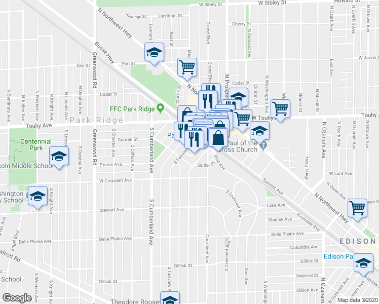 map of restaurants, bars, coffee shops, grocery stores, and more near 31 South Fairview Avenue in Park Ridge
