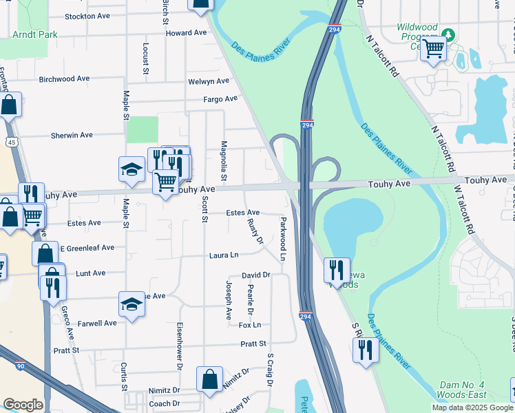 map of restaurants, bars, coffee shops, grocery stores, and more near 2130 Estes Avenue in Des Plaines