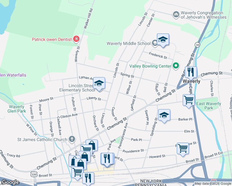 map of restaurants, bars, coffee shops, grocery stores, and more near 125 Center Street in Waverly