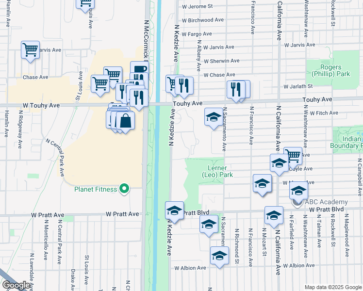 map of restaurants, bars, coffee shops, grocery stores, and more near 7033 North Kedzie Avenue in Chicago