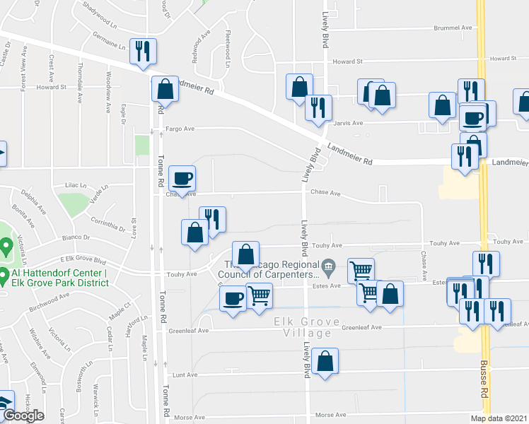 map of restaurants, bars, coffee shops, grocery stores, and more near 901 Chase Avenue in Elk Grove Village