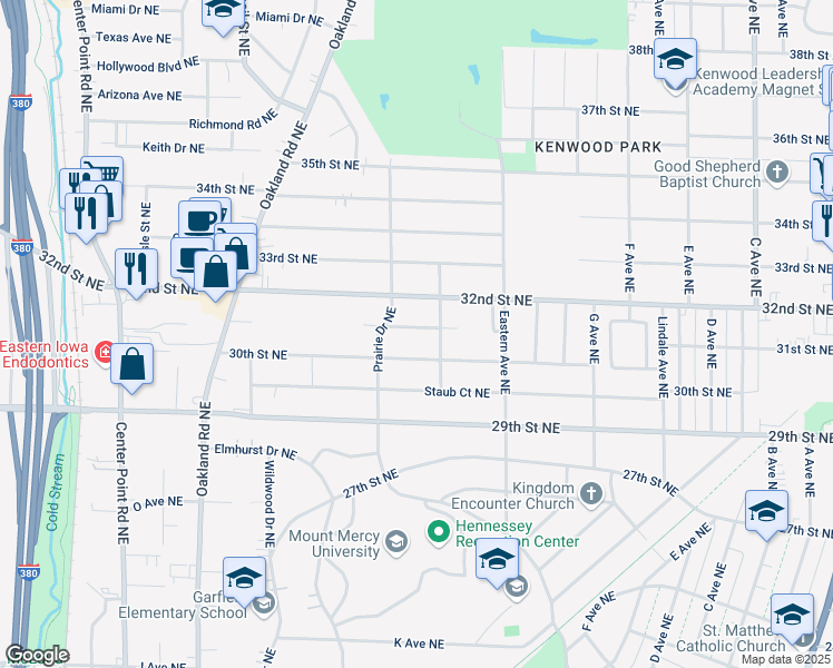 map of restaurants, bars, coffee shops, grocery stores, and more near 1125 31st Street Northeast in Cedar Rapids