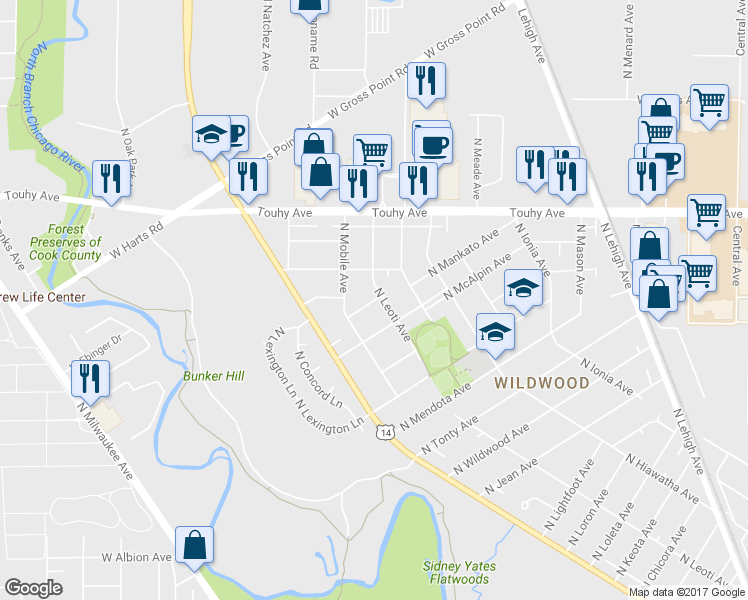 map of restaurants, bars, coffee shops, grocery stores, and more near 7034 North Mankato Avenue in Chicago