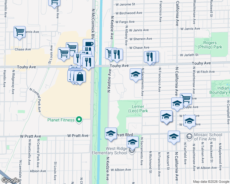 map of restaurants, bars, coffee shops, grocery stores, and more near 7033 North Kedzie Avenue in Chicago