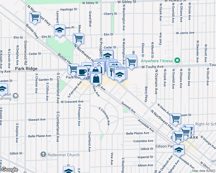 map of restaurants, bars, coffee shops, grocery stores, and more near 101 Summit Avenue in Park Ridge