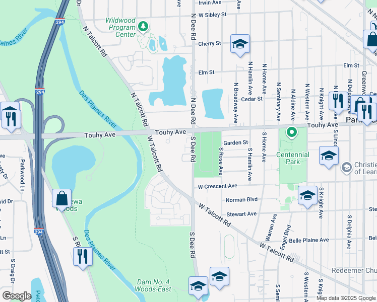 map of restaurants, bars, coffee shops, grocery stores, and more near 70B South Dee Road in Park Ridge