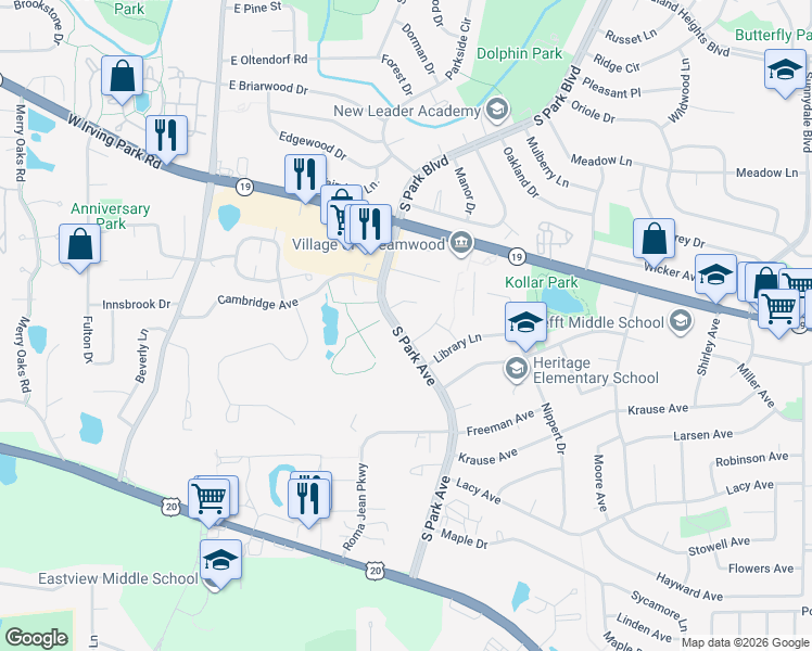 map of restaurants, bars, coffee shops, grocery stores, and more near 1305 South Park Avenue in Streamwood
