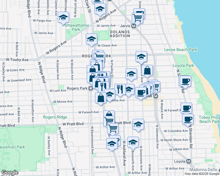 map of restaurants, bars, coffee shops, grocery stores, and more near 1642 West Lunt Avenue in Chicago