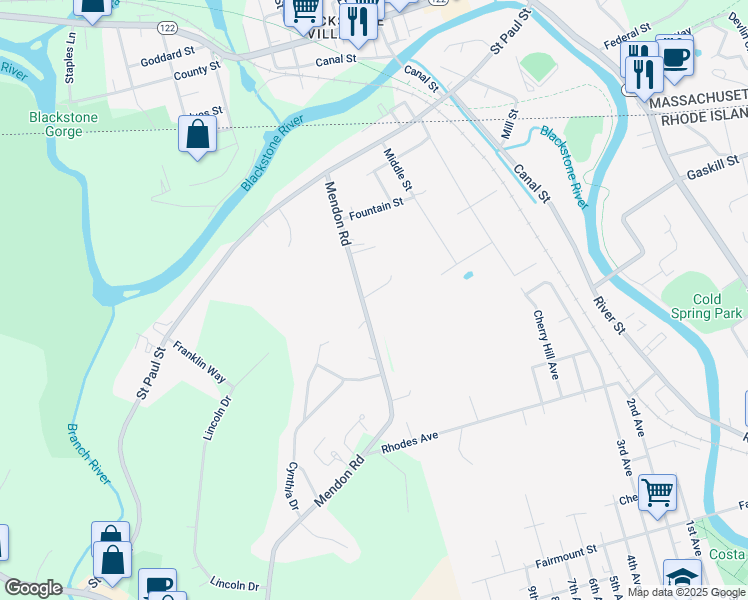 map of restaurants, bars, coffee shops, grocery stores, and more near 394 Keough Street in North Smithfield