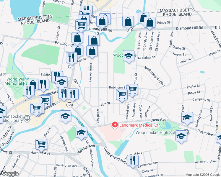 map of restaurants, bars, coffee shops, grocery stores, and more near 301 Robinson Street in Woonsocket