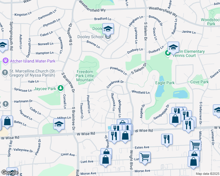 map of restaurants, bars, coffee shops, grocery stores, and more near 1051 Westfield Lane in Schaumburg