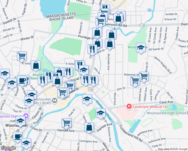 map of restaurants, bars, coffee shops, grocery stores, and more near 103 Brook Street in Woonsocket
