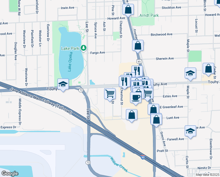 map of restaurants, bars, coffee shops, grocery stores, and more near 10544 East Touhy Avenue in Rosemont