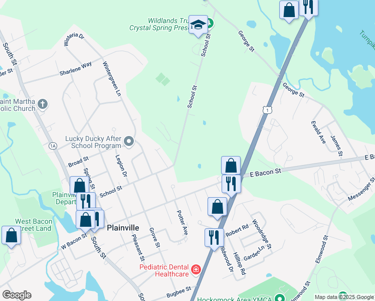 map of restaurants, bars, coffee shops, grocery stores, and more near 66 School Street in Plainville