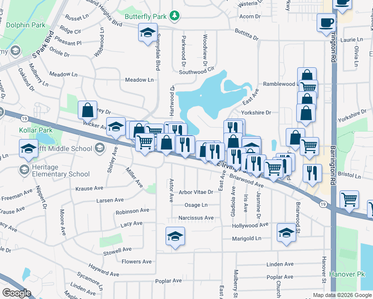 map of restaurants, bars, coffee shops, grocery stores, and more near 1102 E Irving Park Road in Streamwood