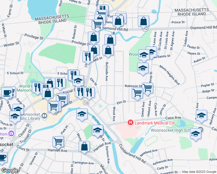 map of restaurants, bars, coffee shops, grocery stores, and more near 105 Burnside Avenue in Woonsocket