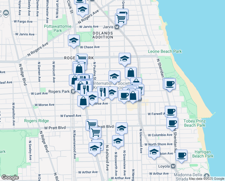 map of restaurants, bars, coffee shops, grocery stores, and more near 1605 West Lunt Avenue in Chicago