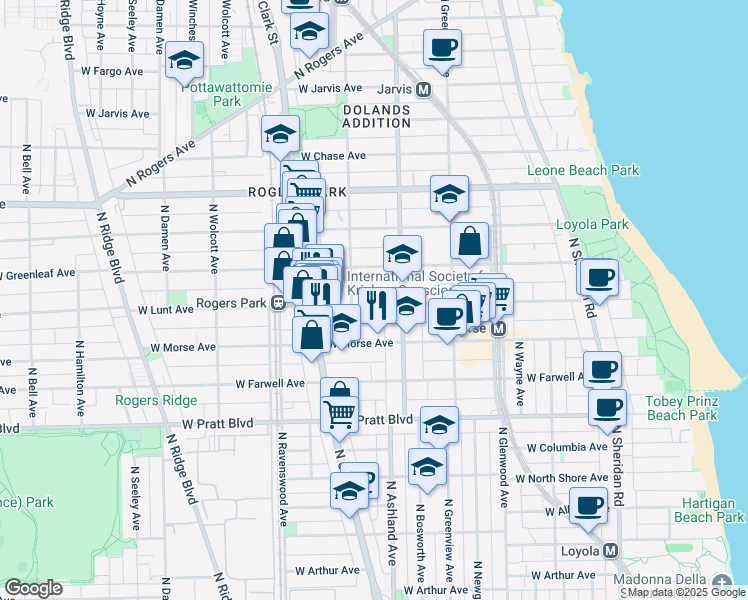 map of restaurants, bars, coffee shops, grocery stores, and more near 1642 West Lunt Avenue in Chicago
